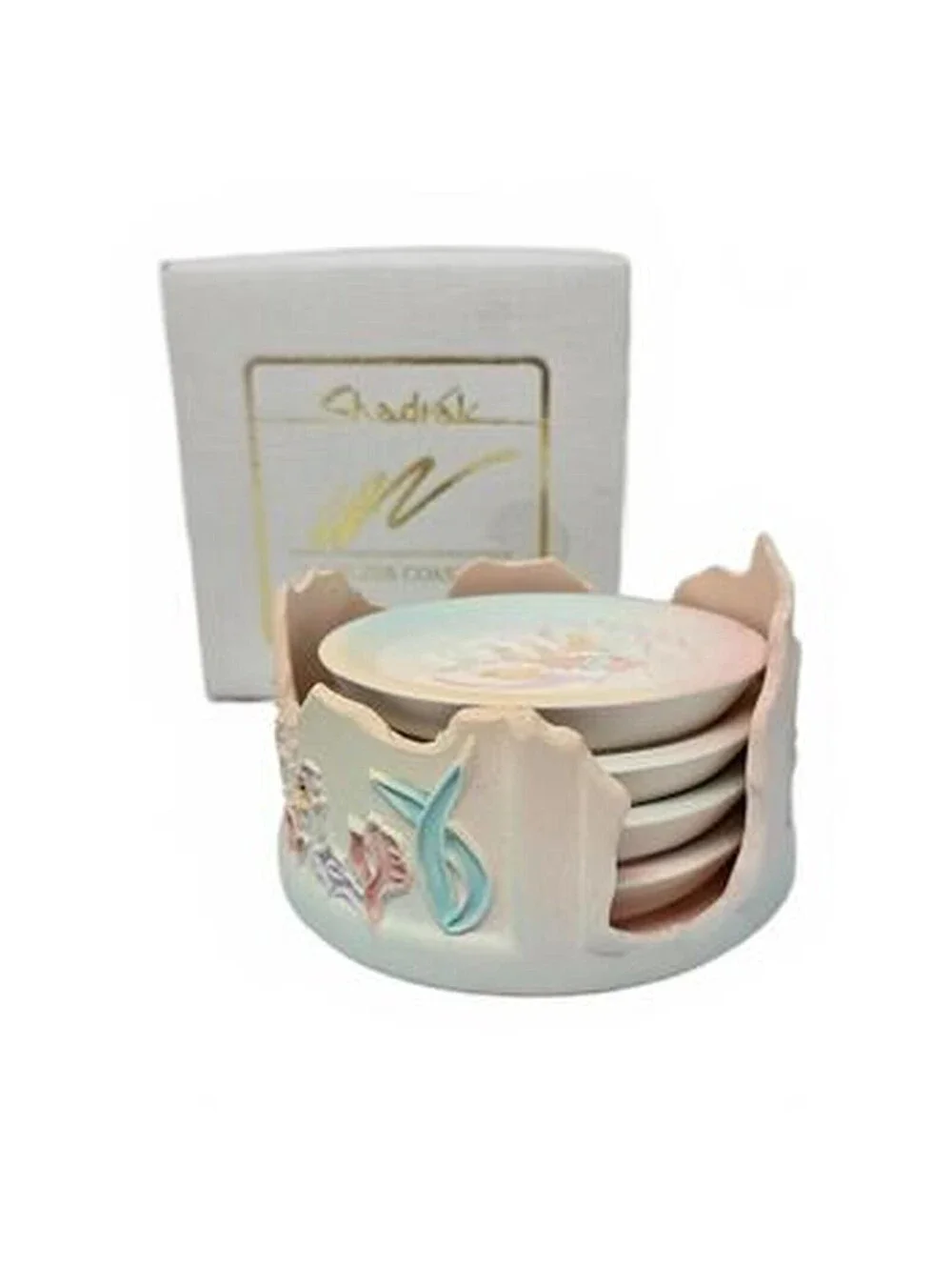 Vintage Shadrak Pottery Dripless Ceramic Coaster Set Holder Pastel Sea Life